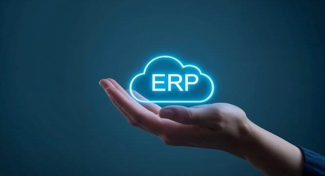 Hand holding holographic ERP integration cost effectiveness icon with copy space on left, featuring Cost-Effectiveness and Technology, with Cloud, with a clean commercial aesthetic, for commercial use