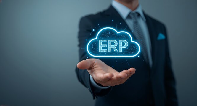 Hand holding holographic ERP integration collaboration icon with copy space on left, featuring Technology and Cloud, with Business, with detailed modern composition, as a contemporary creative concept