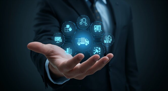 Hand displaying holographic procurement icons related to logistics supply chain inventory management ensuring efficient business operations in empty space, with Supply Chain Icons, online use, web use