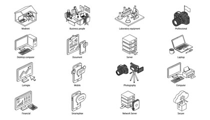 Fototapeta premium Isometric business and digital technology line icon set showcasing office infrastructure corporate hardware and network workflow