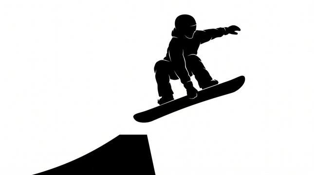 Snowboarder performing a high air jump in a minimalist black silhouette style on white background