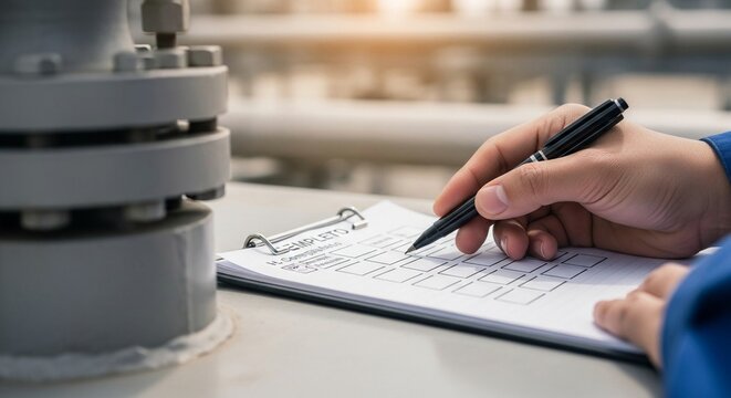 Engineer diligently marking a checklist on a clipboard during an industrial inspection