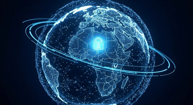 Futuristic digital globe with glowing interconnected lines and a central lock symbol representing global cybersecurity and data protection concept