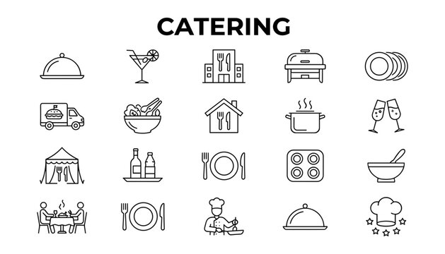 Professional catering and food delivery service line icon set containing restaurant banquet buffet and kitchen symbols