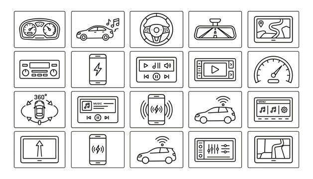 Car smart dashboard interface line icon set including vehicle navigation entertainment media system and driving diagnostics