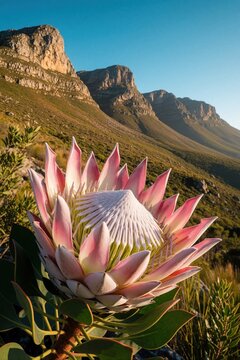 Giant pink king protea flower blooms in mountain landscape. Exotic flora grows wild on rocky hillside under clear blue sky. Nature botany detail.