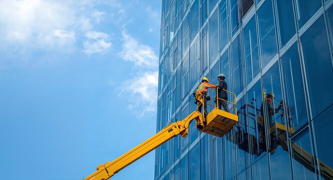 Two construction workers on bright yellow lift cleaning glass windows of tall building against blue sky, featuring Construction Workers On Lift and Cleaning Windows, with Yellow Lift Construction