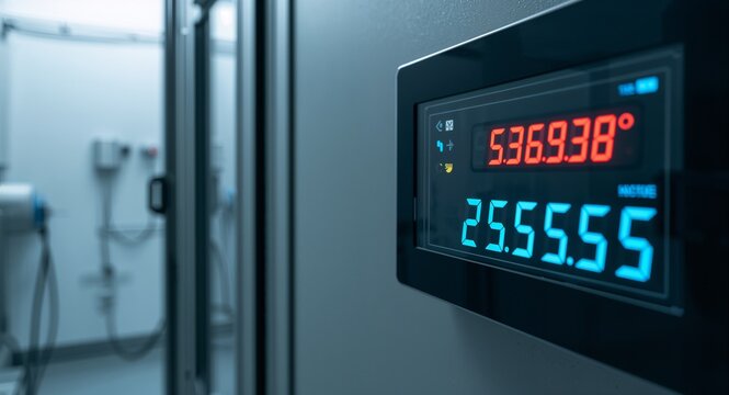 Digital sensors monitoring temperature and humidity in product testing room for environmental control and lab quality control, featuring Environmental Monitoring and Product Quality, for editorial use
