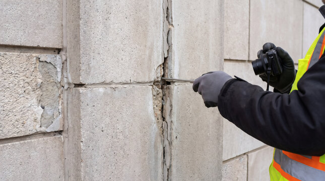 Building inspector examining structural crack and foundation damage in exterior concrete masonry wall with probe tool and camera