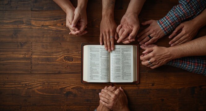 Christian group holding hands and praying with Bible on wooden table during devotional prayer meeting with copy space on left, featuring Business and Same As Row6, with Volunteers, online use, web use
