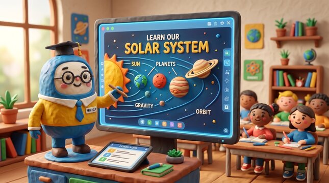 Adorable cartoon educator guides a diverse group of young students through a vibrant and interactive lesson on our solar system, presented on a large digital screen
