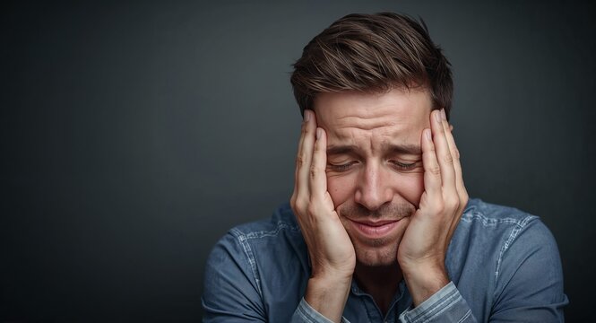 Unhappy man experiencing depression loneliness and anxiety with copy space on left, featuring Mental Health and Male, with Stress, as a contemporary creative concept, with a clean commercial aesthetic