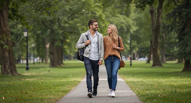 Young teenagers couple walking together in park Relaxing holiday atmosphere enjoying outdoor activities and companionship, featuring Park Walking and Outdoor Companionship, with Young Couple Walking