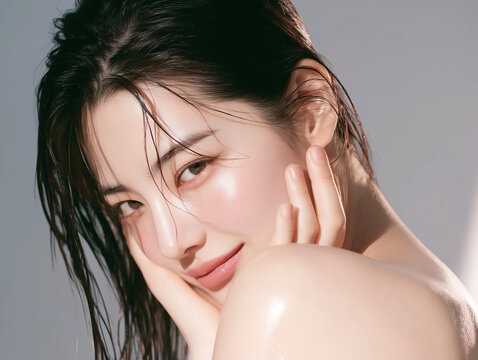Beautiful Korean female model with clear skin. For skincare, cosmetics, and beauty care advertisements.