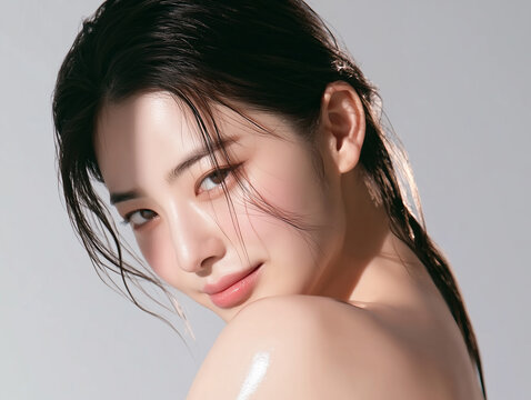 Beautiful Korean female model with clear skin. For skincare, cosmetics, and beauty care advertisements.
