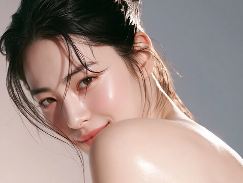 Beautiful Korean female model with clear skin. For skincare, cosmetics, and beauty care advertisements.