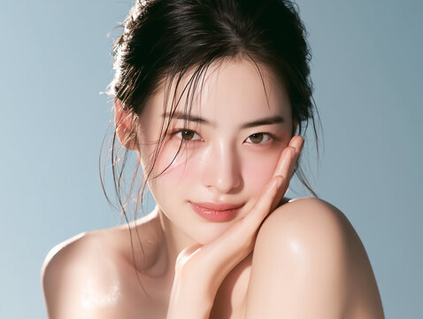 Beautiful Korean female model with clear skin. For skincare, cosmetics, and beauty care advertisements.