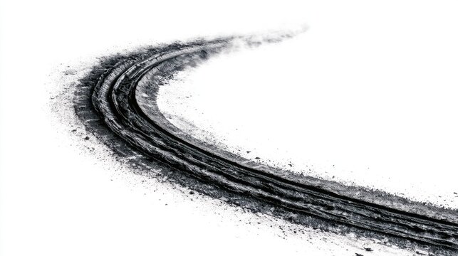 Tire Tracks on White Surface: Abstract image showcasing curved tire tracks on a clean white background, suggesting movement and asphalt textures.