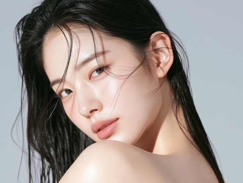 Beautiful Korean female model with clear skin. For skincare, cosmetics, and beauty care advertisements.