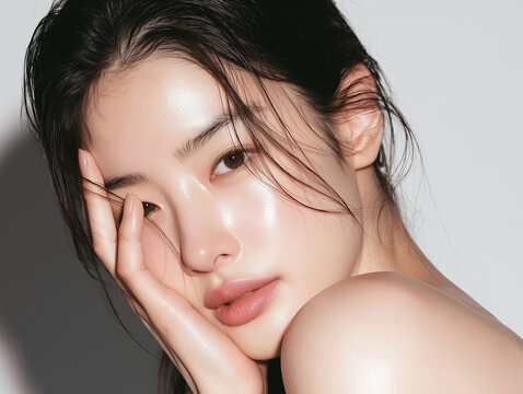 Beautiful Korean female model with clear skin. For skincare, cosmetics, and beauty care advertisements.
