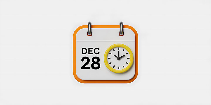 3D Calendar Icon with Clock Showing December 28 on White Background time date 