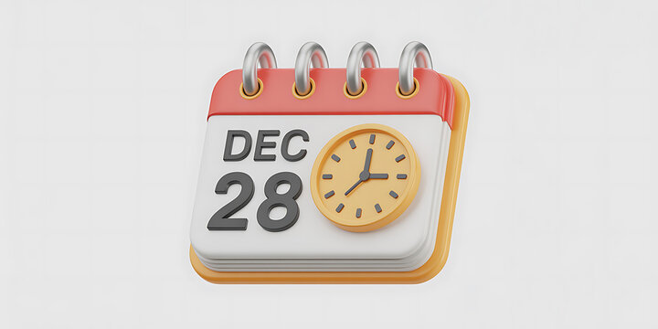 3D Calendar with Clock Icon Showing December 28 on White Background time date 