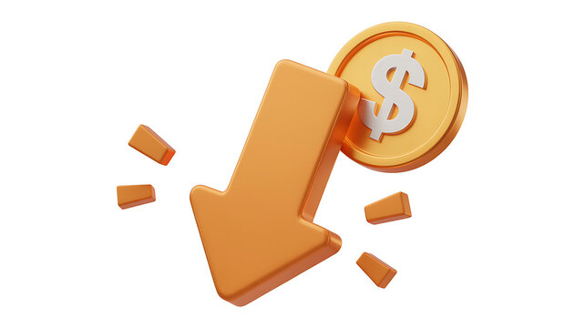 3D Orange Arrow Downward With Dollar Coin And Sparks On White Background  