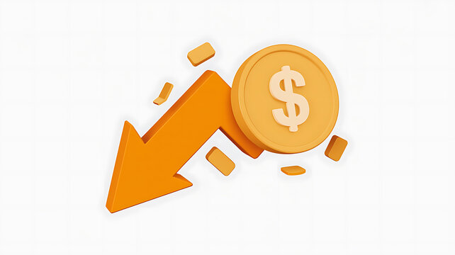 3D Orange Arrow Pointing Down Next To Gold Dollar Coin On White Background image