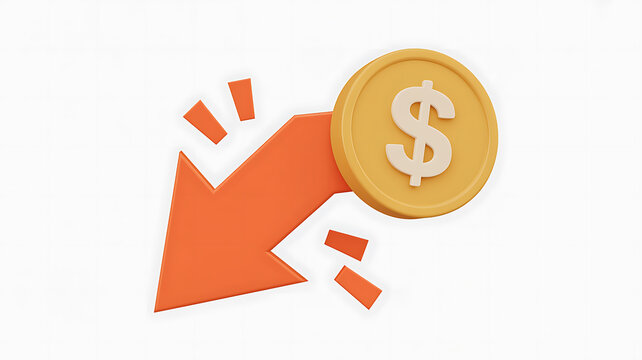 3D Orange Downward Arrow With Dollar Coin And Burst Effect On White image photo