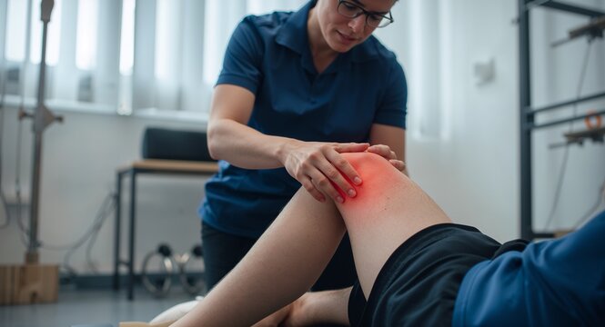 Therapist treats injured knee of patient in clinic with copy space on left, featuring Injured Patient and Knee Treatment, with Healthcare, for advertising and branding, for editorial and marketing use