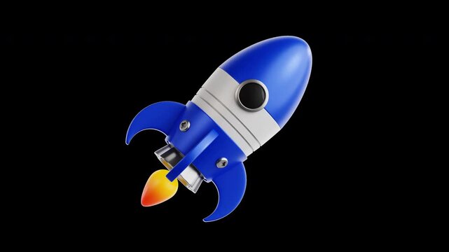 3D icon animation of blue rocket ship launching upwards with flaming exhaust in a seamless loop style on transparent background for business startup launch, project boost, innovation, and fast growth.