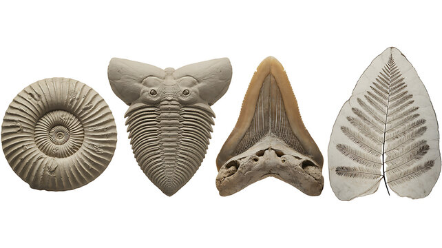 Collection of ancient fossils including ammonite, trilobite, shark tooth, and fern 