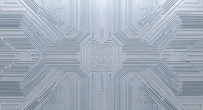 Develop symmetrical circuit modules on tile grids fusing futuristic angles refined edges and pristine white zones, featuring Tile Design and Futuristic Style, with White Balance, media use, online use