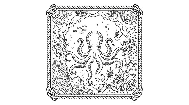 Detailed octopus line art in nautical rope frame.