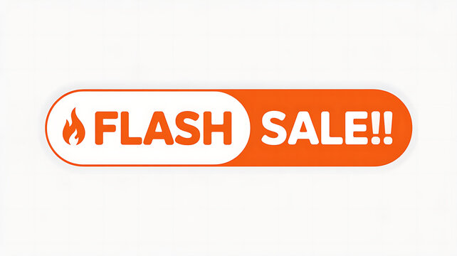 Flash sale button with fire icon and exclamation marks on white background 