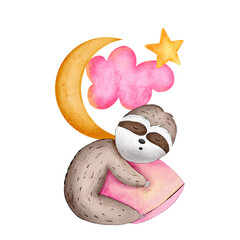 Naklejka premium Watercolor cute sleeping sloth with pink pillow, crescent moon, cloud and star illustration