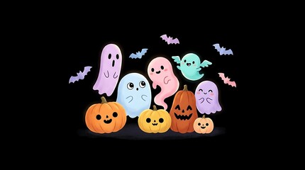 Fototapeta premium Charming Whimsical Halloween Characters Illustration on Black Background