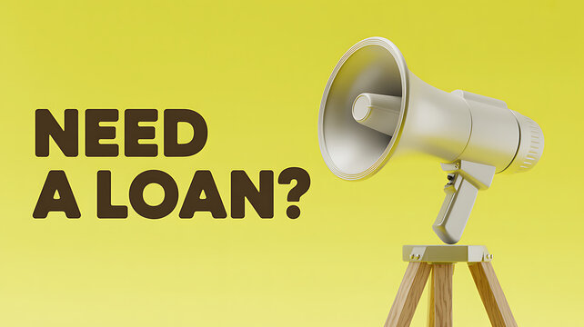 Megaphone announcing need for a loan on yellow background loan, finance, money, debt