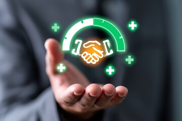 Fototapeta premium Businessman holding a digital partnership trust level meter with handshake icon. Concept of business collaboration, successful partnership, corporate trust, joint ventures, and mergers.
