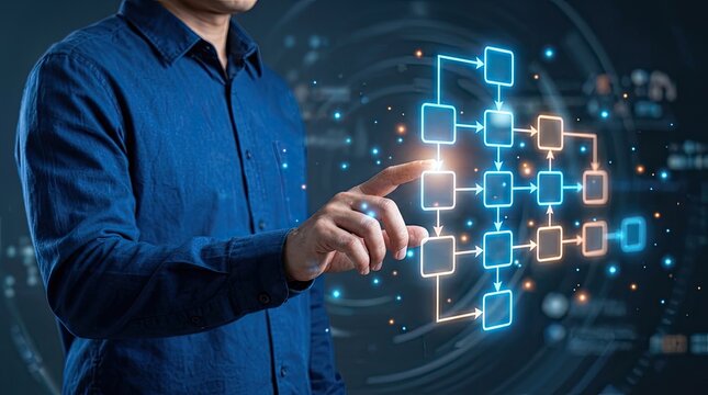 Business professional interacting with digital workflow process diagram