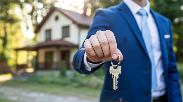 Real Estate Agent in Blue Suit Offering House Key with Blurred House Background realtor 