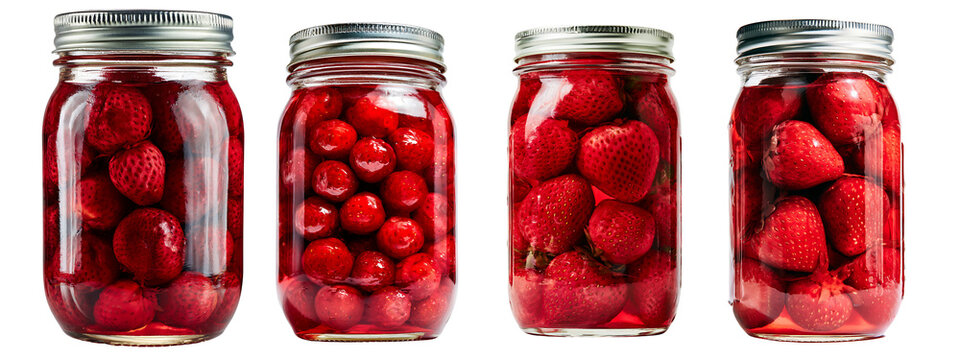 Four glass jars filled with various preserved fruits isolated on transparent background