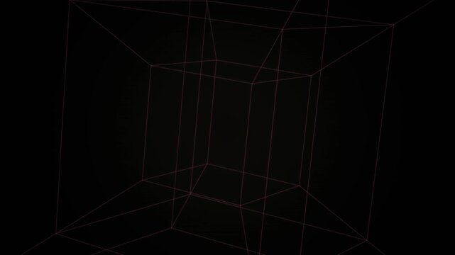 A dark looping wireframe tunnel extending into black void with red glowing edges creating infinite depth perspective.