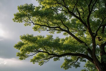 Fototapeta premium Strong tree branches with vibrant green leaves and foliage against a cloudy sky. Sunlight filters through the dense canopy, illuminating the lush, healthy plant life.