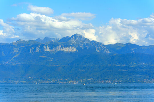 Panoramic View of French Alps and Lake Geneva from Morges Switzerland