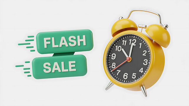 Yellow Alarm Clock Next to Green Flash Sale Buttons on White Background yellow clock 