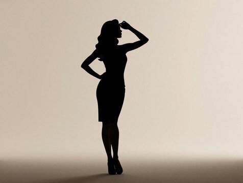 Elegant woman silhouette posing in slim dress with high heels. Stylish female figure stands with hand on hip against neutral background. Graceful lady shape outline shows curvy body, confident