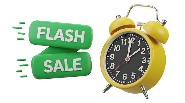 Yellow Twin Bell Alarm Clock and Green Flash Sale Buttons on White Background yellow clock