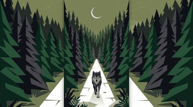 Minimalist low poly wolf, art deco vector illustration of a snowy forest path, retro geiger flat design style, winter landscape scene with pine trees
