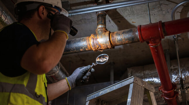 Inspector using flashlight and inspection mirror to check corroded rusty plumbing pipe fitting for industrial facility building maintenance assessment